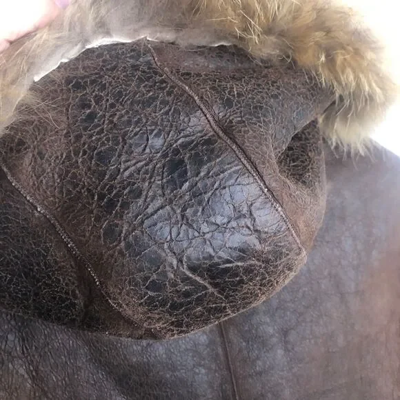 Blue Duck Leather Real Fur Bomber Coat Jacket M Brown Trim Medium - Picture 10 of 10